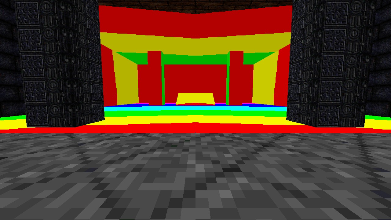 Mipmap debug view. Each band is one level, stepping away from the camera.