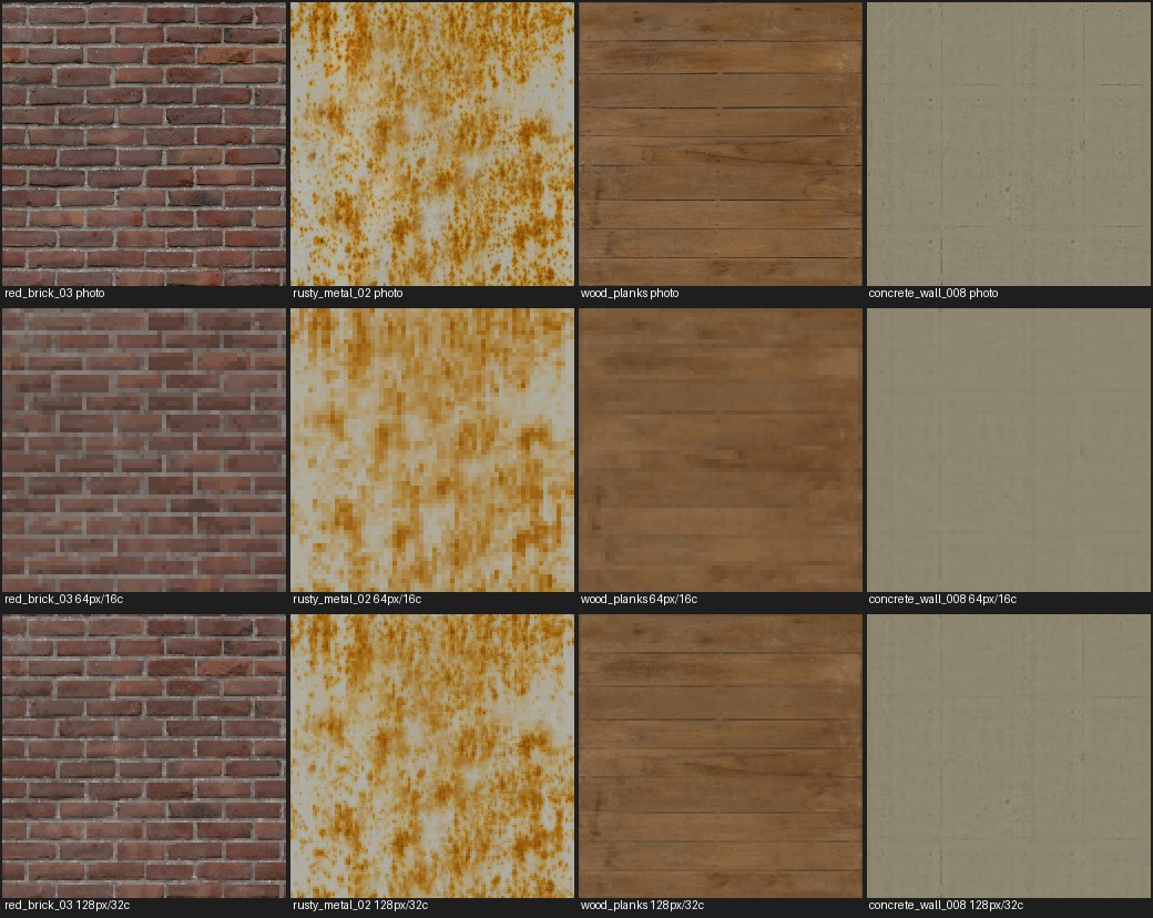 CC0 photos from Poly Haven, then 64px at 16 colours, then 128px at 32 colours.