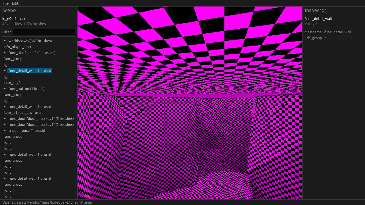 LibreQuake’s e0m1 in the editor: 424 entities and 1,074 brushes. The checkerboard means this map’s textures aren’t in the project yet.