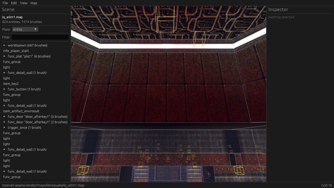 LibreQuake’s e0m1 in the editor, textured, with brush edges showing.