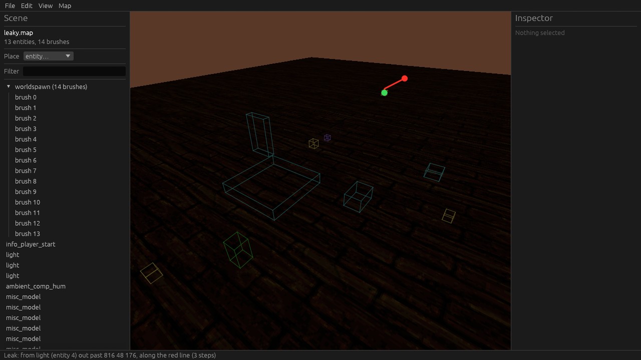 A leaky test room. The red line runs from a light out through the missing wall.