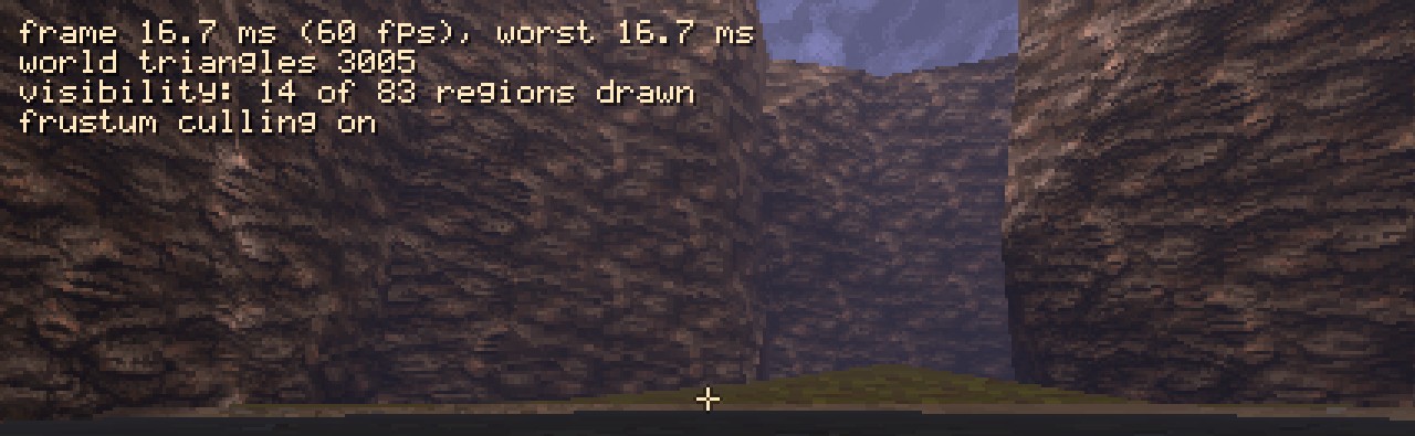 Visibility and culling on: 3,005 triangles, 14 of 83 regions drawn.