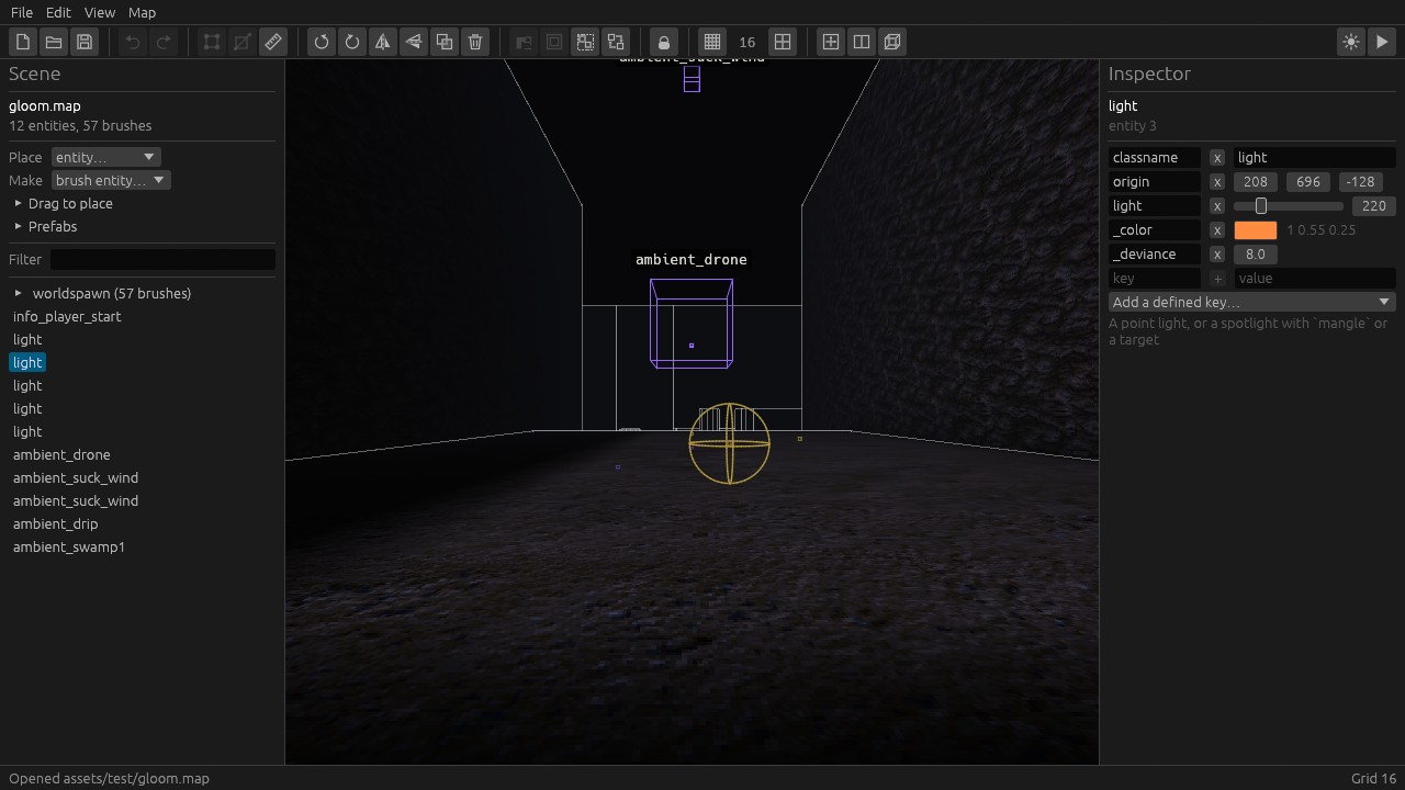 Gloom in the editor, with the new TrenchBroom-style toolbar and the map&rsquo;s ambient sounds in the scene tree.